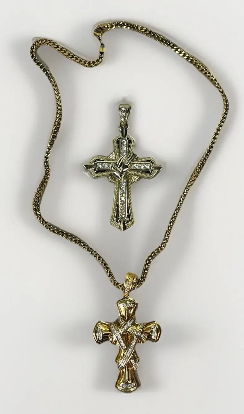 Lg Gold Tone Cross Pendant Lot w 30” Stainless Chain 2 Interchangeable Pendants
